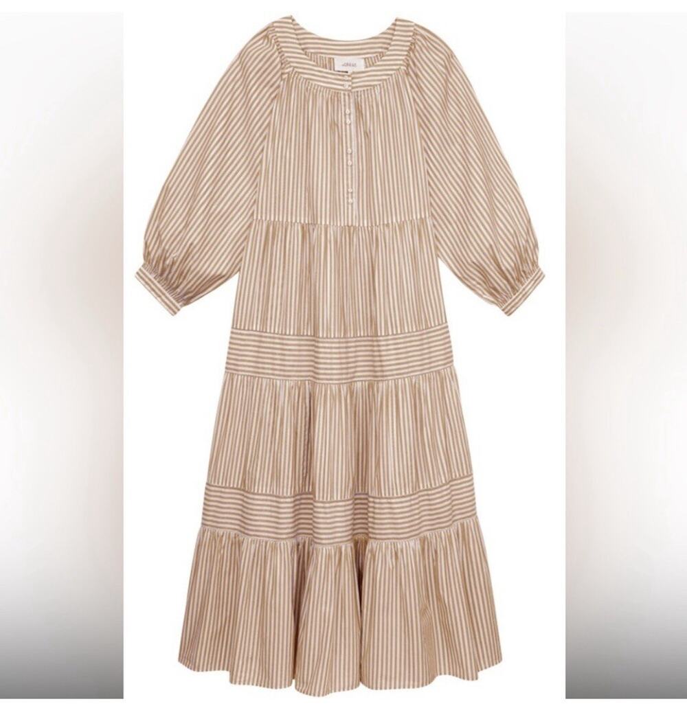 THE GREAT. Patio Tiered Swingy Blouson Maxi Dress in Cream Malt Stripe 0 Small
